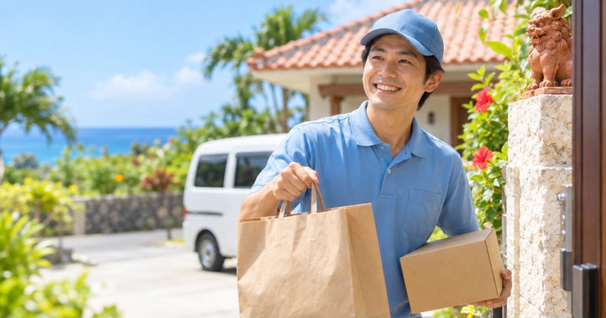 玄関先に商品を届ける配達スタッフ