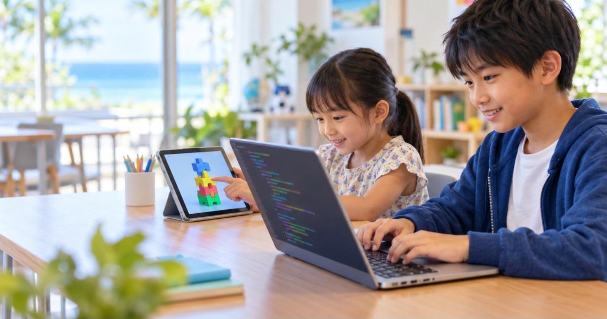 タブレットとノートパソコンでプログラミングを学ぶ2人の子ども